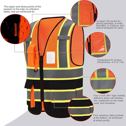A-SAFETY Mesh High Vis Vest Lightweight Reflective Construction Vest with Pockets Safety Vest for Men/Women