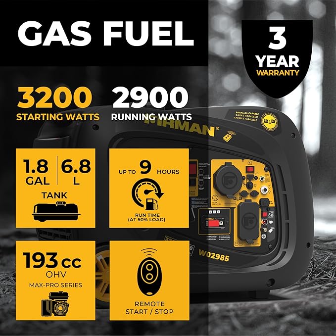 FIRMAN W02985 Gas Inverter Portable Generator, 3200W Remote Start, Quiet 58dB, 1.8-Gal Tank, 9 Hrs Runtime, Wheel Kit, RV Ready, Use for Camping, Tailgating & Outdoor Recreation