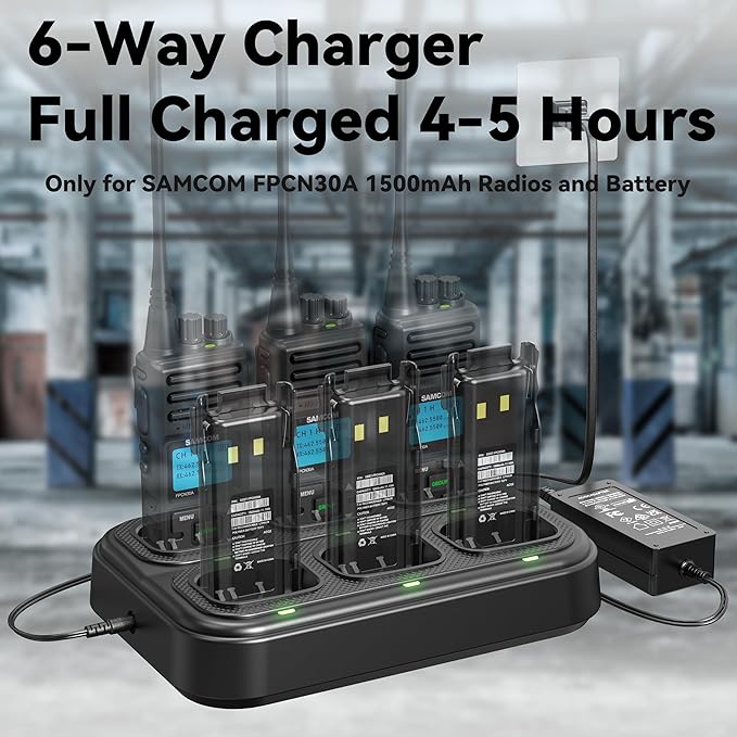 SAMCOM Six Way Charger Multi Unit Charger Station Compatible for FPCN30A Walkie Walkie Talkies and 1500mAh Battery, 6-in-1 Charging Base with Removable AC Adapter Cable (1 Pack, Not Included Radios)