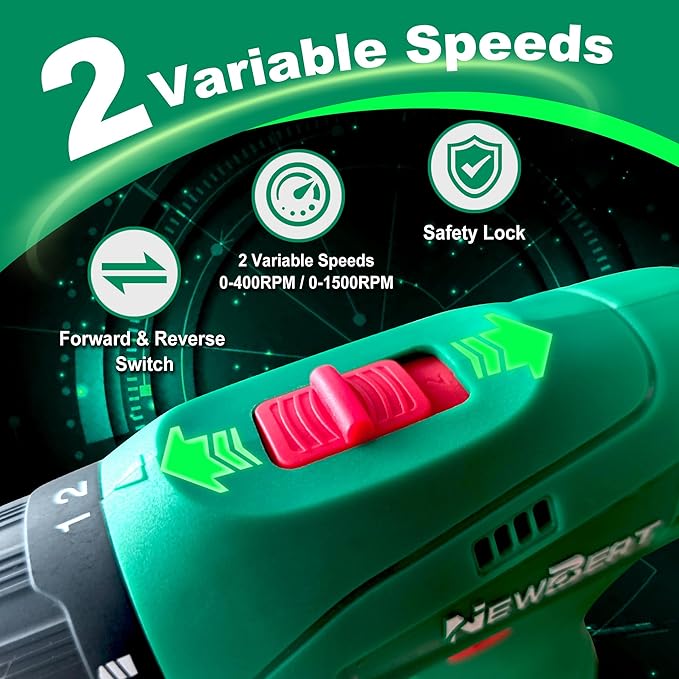 Power Drill Set, 12V Cordless Drill with 2 Battery and Charger, 2 Variable Speed, 18+1 Torque Setting, Tools for Home and DIY Project