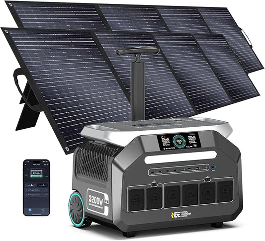 IEE 3200W Portable Power Station P3200 with 2x400W Solar Panel, 2048Wh Solar Generator, 1800W AC Charging, AC Outlets x 4, LiFePO4 Battery Power Station for Home Backup, Camping, RV, Emergency