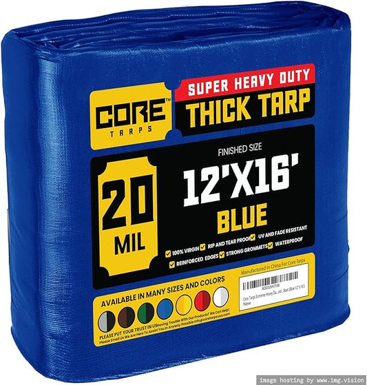 Core Tarps Extreme Heavy Duty 20 Mil Tarp Cover, Waterproof, UV Resistant, Rip and Tear Proof, Poly Tarpaulin with Reinforced Edges for Roof, Camping, Patio, Pool, Boat (Blue 12′ X 16′)