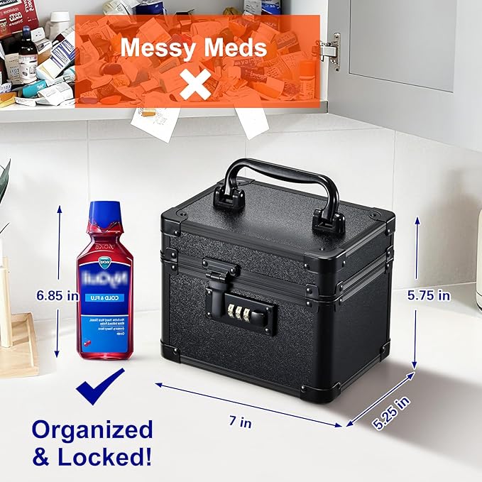 Adazzo Lockable Medicine Storage Box - Shiny Black Cabinet Med Lock Organizer, 7 * 5.25 * 5.75 Inches Safe Case with Combination Lock for Home, Dorm, Office, or Travel - Mini Size