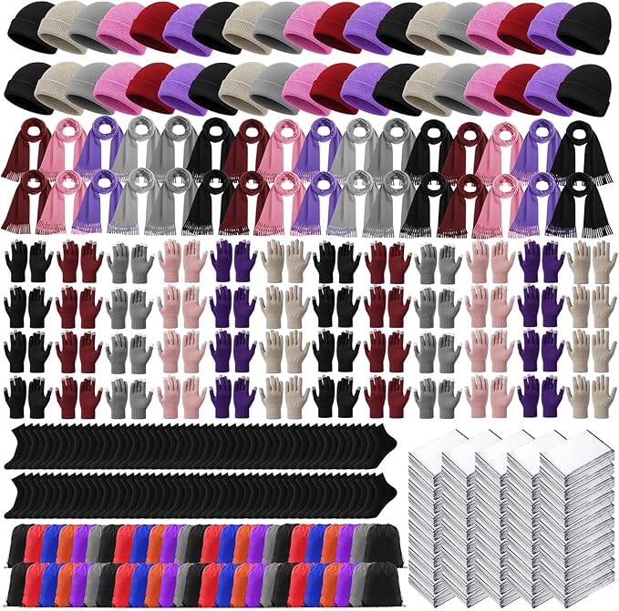 300 Pcs Homeless Care Package Supplies Bulk Winter Emergency Blankets Beanies Hat Gloves Scarves Socks Drawstring Bags for Men Women Cold Weather Camping Outdoor Survival Kit (6 Colors)