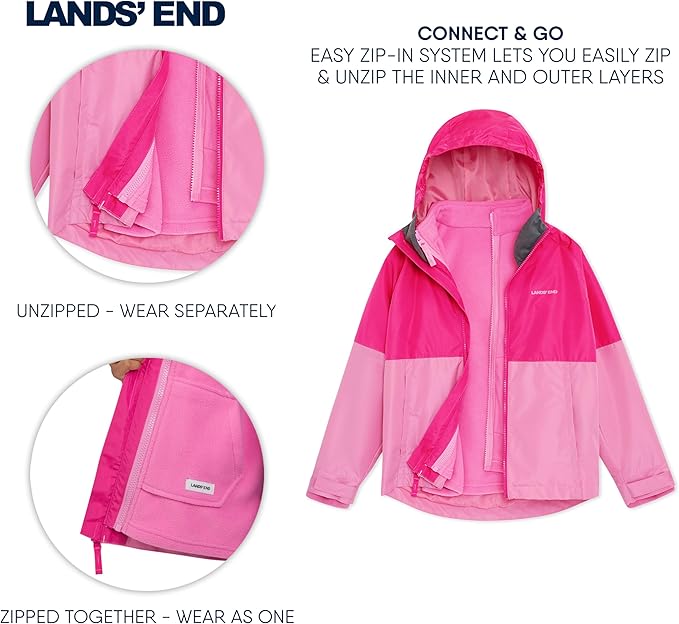 Lands' End Unisex Kids 3-in-1 Water Resistant Windbreaker and Zip-out Polar Fleece Jacket