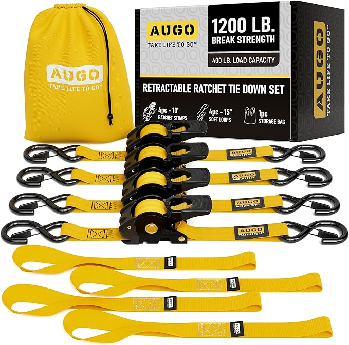 AUGO Retractable Ratchet Straps | 4 Heavy Duty Ratchet Straps Self Retractable Tie Down Straps with Soft Loops & Storage Bag for Motorcycle, Truck, Trailer, Cargo Van | 1200 Lb Break Strength 1” x 10’