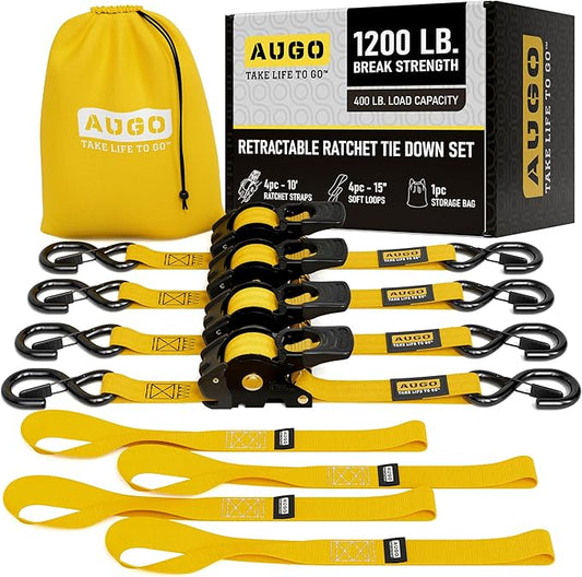 AUGO Retractable Ratchet Straps | 4 Heavy Duty Ratchet Straps Self Retractable Tie Down Straps with Soft Loops & Storage Bag for Motorcycle, Truck, Trailer, Cargo Van | 1200 Lb Break Strength 1” x 10’