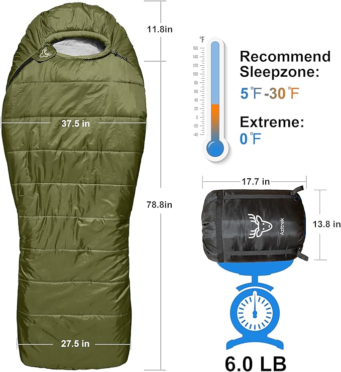0 Degree Mummy Sleeping Bags for Adults Camping | XXL Big and Tall 3-4 Season Warm Cool | Cold Weather Winter Sleeping Bag w. Compression Sack Youth | Side Sleeper Friendly