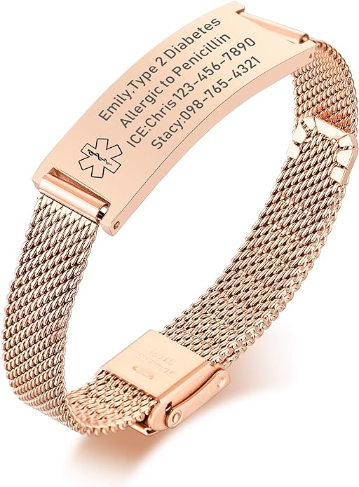 VNOX Medical Alert Bracelets for Men & Women Kids with Free Engraving Adjustable Stainless Steel Mesh Emergency Medical ID Bracelets Wristband