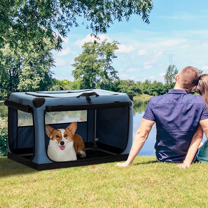 PETSFIT Collapsible Dog Crate, with Patented Adjustable Fabric Cover, Chewproof & Lockable Mesh Doors, Waterproof Base Soft Kennel Blue 30 Inch