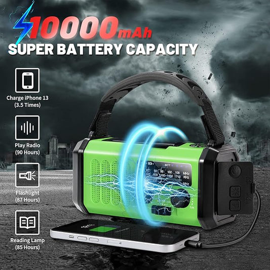 Emergency Hand Crank Radio with 10000mAh/37000mWh Battery Backup, AM FM NOAA Weather Radio, Type-C Charge,Solar Radio,SOS, 3 Modes LED Flashlight，Reading Lamp, Compass for Outdoor Survival