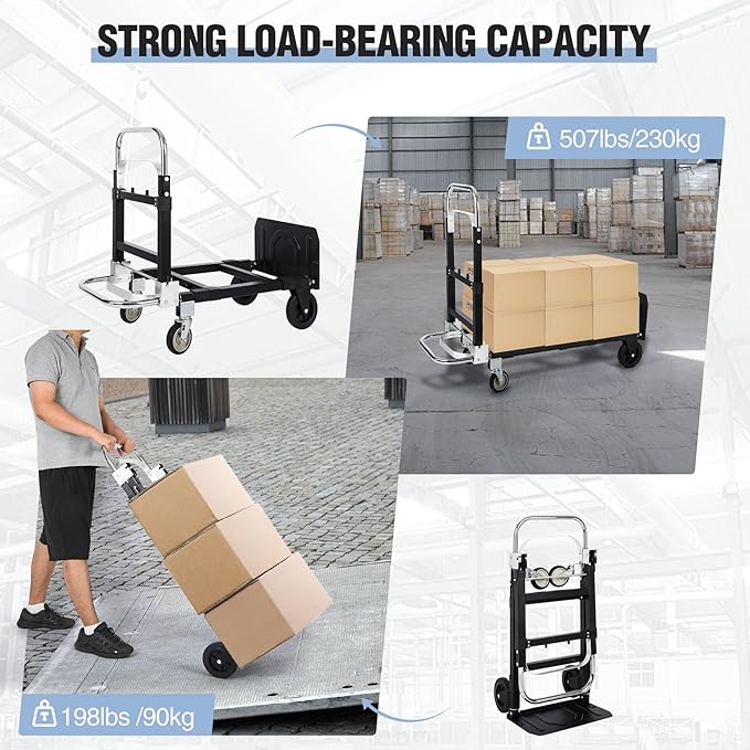 RedSwing Hand Truck Dolly Foldable,Folding Convertible Hand Truck with 4 Wheels,2 in 1 Heavy Duty Dolly Cart for Moving Luggages,Garage,Home,500 Lbs