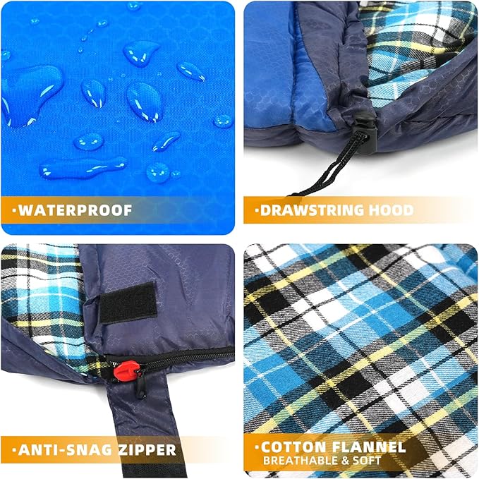 Cotton Flannel Lined Sleeping Bag for Adults Teens Kids, Cold Weather & Warm, 3 Seasons, Lightweight Compact Camping Essentials Equipment, Hiking, Outdoor, Travel