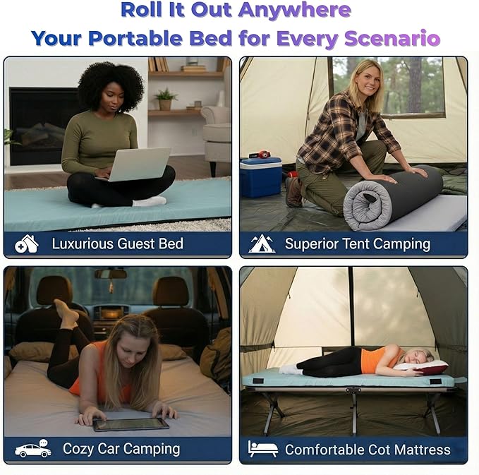 Hazli Matrix Memory Foam Camping Mattress Pad - Roll Up Mattress for Adults - Portable Cot Sleeping Pad for Camping - Floor Mat or Bed Roll for Car, SUV