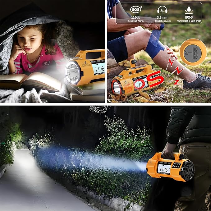 Emergency Radio FM/AM/SW/NOAA Weather Alert, Big Flashlight Big Speaker,Sleep Timer Alarm Clock, Solar/Hand Crank 5000mAh Replaceable Battery,with Cell Phone Charger Hurricane Storm Survival kit