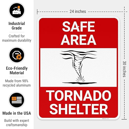 Safe Area Tornado Shelter Sign, 24x30 Inches, 3M EGP Reflective .080 Aluminum, Fade Resistant, Made in USA by Sigo Signs