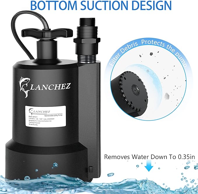 Lanchez Sump Pump, 1/2 HP 2450GPH Submersible Water Pump, Thermoplastic Portable Electric Transfer Pump Utility Pump for Hot Tub Swimming Pool Basement Garden Pond Tubs Draining with 10FT Cord
