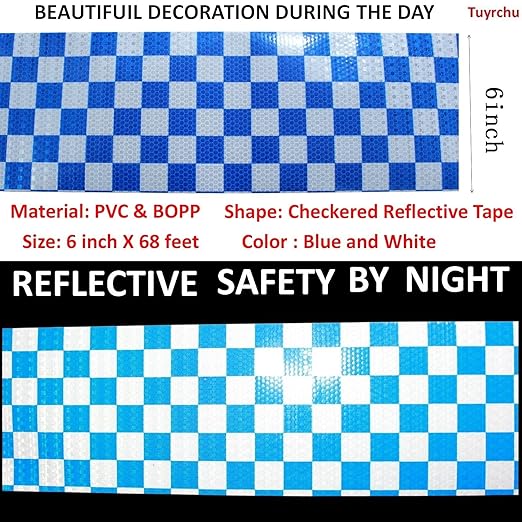 Reflective Tape Blue White Outdoor Waterproof 6 inch Wide for Cars, High Visibility Safety Warning Reflector Sticker Strips (68 feet)