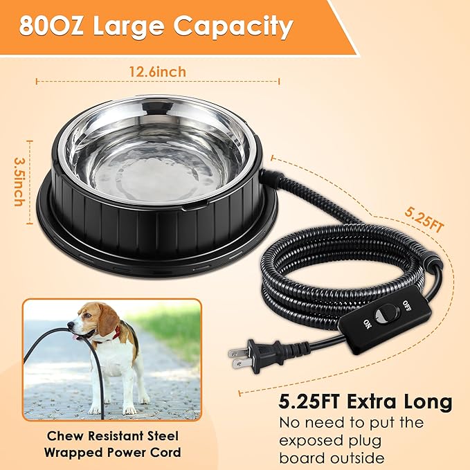 Heated Water Bowl for Dog Cat with Thermostatic Control, 55W 80oz Removable Stainless Steel Heated Dog Pet Bowl with Anti Chew Cord