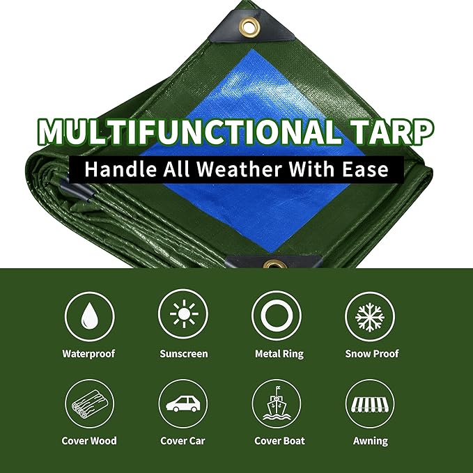 TARPAL 8x20 Tarp Heavy Duty Waterproof Tarp 16mil Thick Tarps with Metal Grommets Every 17.7" UV Protection&Tear -Resistant Cover for Firewood,Roof,Pool,Car,RV&Outdoor Furniture（Green/Blue）