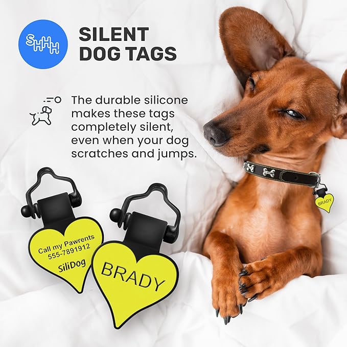 SiliDog - The Original Silicone Silent Dog Tag - Personalized Engraved Soundless Pet ID - As Seen On Shark Tank - Durable - Never Fades - Heart - Yellow