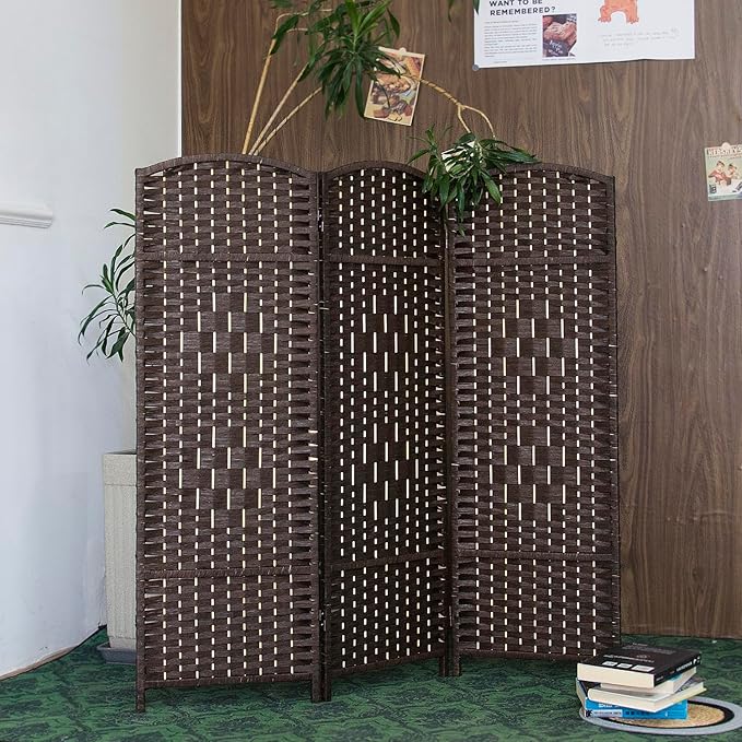 3 Panel Rattan Divider Short Room Partition Screen,Double Sided Folding Divider for Room Separation,Dark Brown,47.2" H x 47.2" W