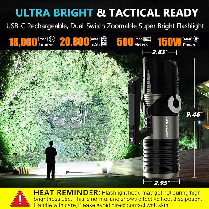 150W Rechargeable Spotlight Flashlight 18,000 High Lumens, XHP360 LED Wick Ultra Bright Zoomable Searchlight with USB Output, Large Capacity Powered Handheld Spotlights for Camping, Emergency, Hunting