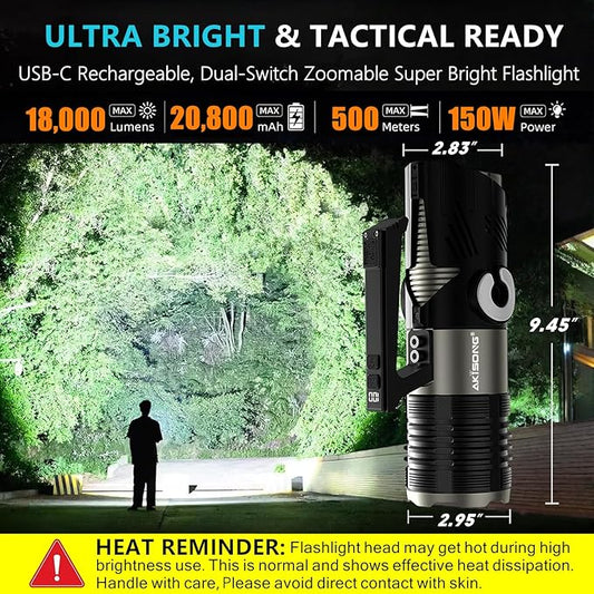 150W Rechargeable Spotlight Flashlight 18,000 High Lumens, XHP360 LED Wick Ultra Bright Zoomable Searchlight with USB Output, Large Capacity Powered Handheld Spotlights for Camping, Emergency, Hunting