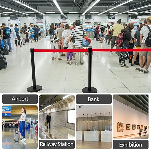 Therwen 6 Pack Heavy Duty Crowd Control Stanchions 9.8 ft Stainless Steel Stanchion Set with Safety Barrier Post Retractable Belt and Sign Holder Crowd Control Barrier(Red Belt, Black)