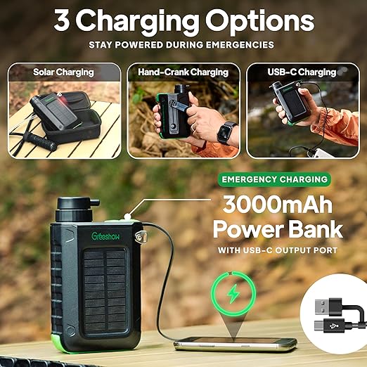 Greeshow Electric Portable Water Filter Camping - Solar Powered, Hand Crank, USB Charging, Water Purifier Survival with Emergency Light for Hiking Backpacking Travel Outdoor, Phone Charger, GS-2811
