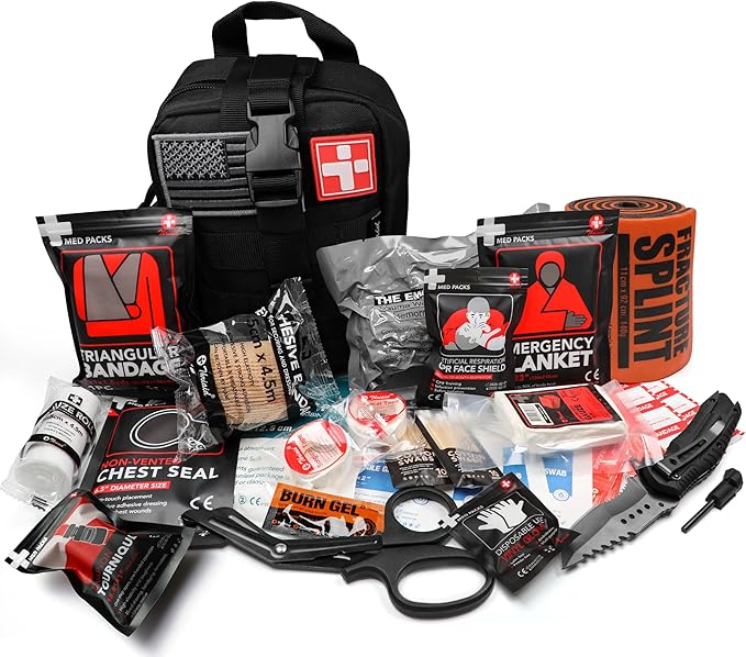 Survival First Aid Kit with Israeli Bandage, Splint, Chest Seal, Tactical Military Combat Molle IFAK for Wound Care, Bleeding Control, Trauma Hemorrhage and More