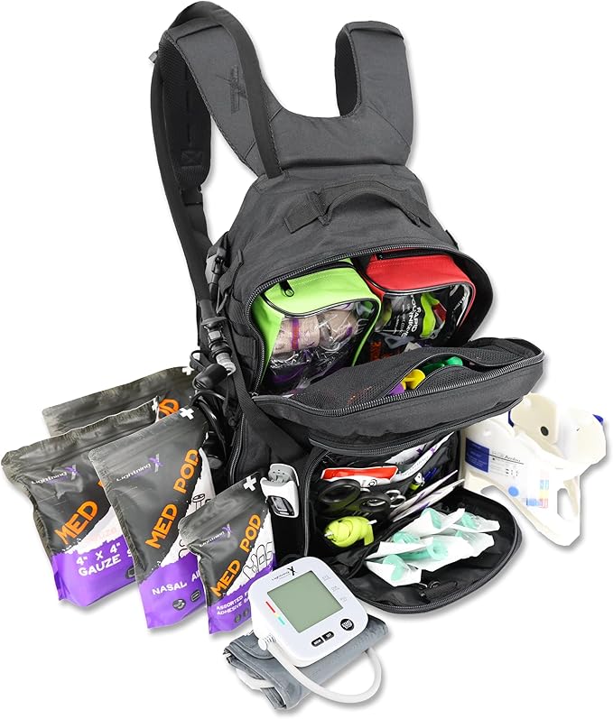 Lightning X Fully Stocked TacMed First Responder Trauma Medical Backpack EMT Kit | MB45-SKF | w/Professional First Aid Emergency Supplies (Black w/Hydration Bladder)