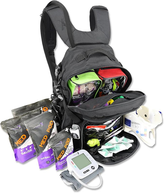 Lightning X Fully Stocked TacMed First Responder Trauma Medical Backpack EMT Kit | MB45-SKF | w/Professional First Aid Emergency Supplies (Black w/Hydration Bladder)
