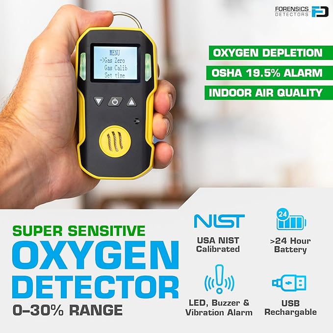 Oxygen Detector by Forensics | USA NIST Calibration & Certificate | Dust & Explosion Proof | USB Recharge | Sound, Light and Vibration Alarms | 0-30% O2 |