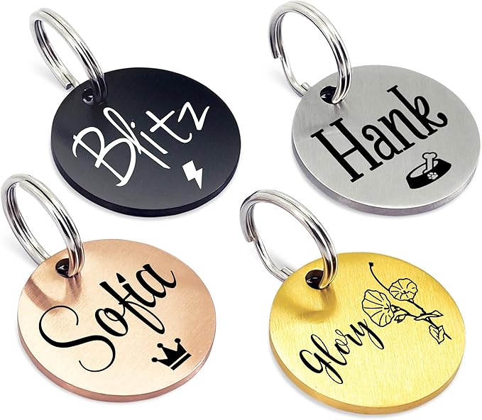 Ultra Joys Personalized Dog Tags for Pets - Durable Stainless Steel Customizable Dog Cat ID Tags - Dog Tags for Safety Optional Engraved on Both Sides -Round Shape Dog Tag Small Size, Gold