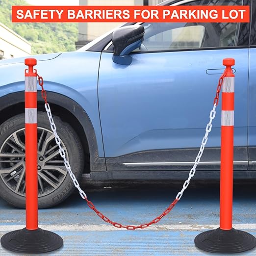 OrangeStar 6 Packs Traffic Delineator Post Cones, 40" Safety Barrier with 6.6 Ft Link Plastic Chains, Crowd Control Stanchion Sets w/Rubber Base for Parking Lot, Road Work, Queue Management, Red