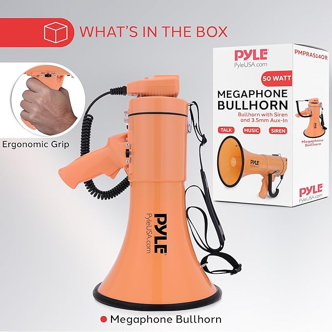 Pyle 50W Megaphone Bullhorn - Portable, Automatic Siren & Adjustable Volume, Projection Range Up to 1200 Square Yards, Aux Input, Talk, Siren, Music, Whistle, & Record, Shoulder Strap (Black)