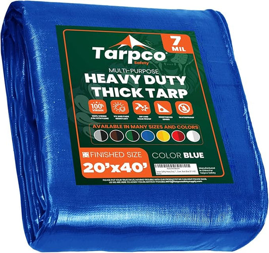 Tarpco Safety Heavy Duty 7 Mil Tarp Cover, Waterproof, UV Resistant, Rip and Tear Proof, Poly Tarpaulin with Reinforced Edges for Roof, Camping, Patio, Pool Cover, Boat (Blue 20′ X 40′)