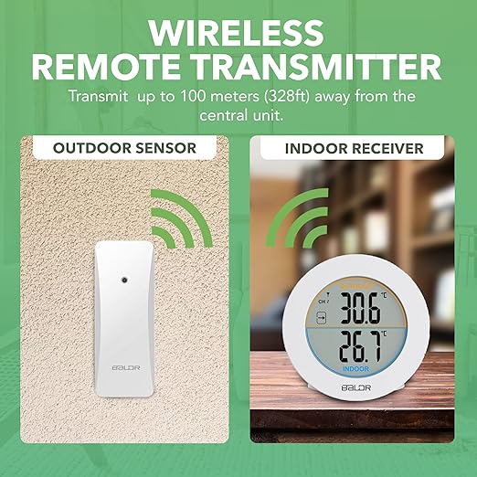 BALDR Wireless Indoor Outdoor Thermometer - 2.5” LCD Display Digital Thermometer for Home - Surface or Wall Thermometers Indoor & Outdoor Weather Station with Wireless Remote Transmitter (White)