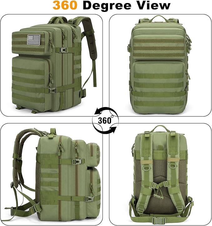 Tactical Backpack 45L Army Military Rucksack, Water Resistant MOLLE Pack, Large 3 Day Bug Out Bag for Men & Women, Durable Outdoor Gear for Hiking, Camping, Hunting, Travel(ArmyGreen)