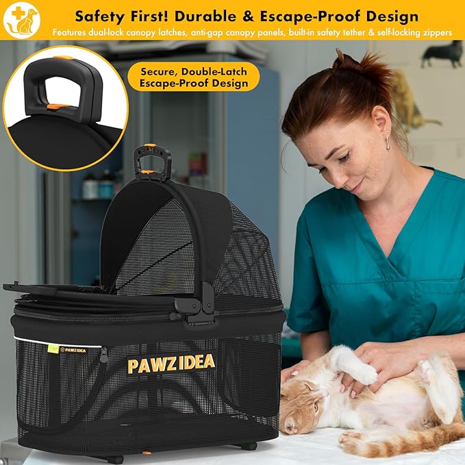 PAWZIDEA Portable Small Dog Crate for Car Travel, Enclosed Pet Car Seat for Small/Medium Dogs Cats up 33lb, Reversible No-Zip Canopy, Soft-Sided Pet Carrier Basket, Collapsible Dog Kennel, Metal Frame