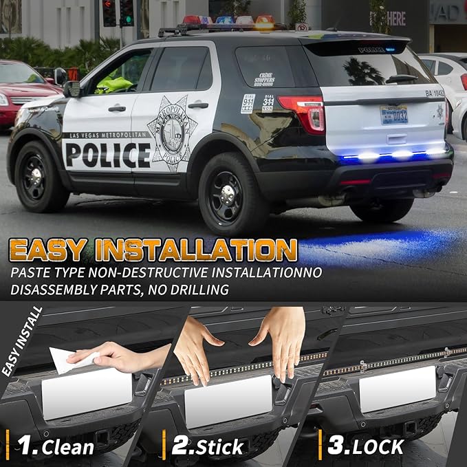 XRIDONSEN 48 inch Blue White Emergency Lights Strip Rear Window/Tailgate Lights 288 LED Tail Strobe Light Strip Flashing Warning Safety Caution for Police Firefighter Vehicles Trucks Pickup POV