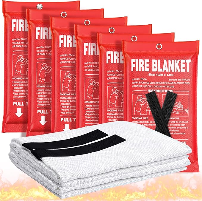 Fire Blanket 6 Pack - 40" x 40" Prepared Emergency Fire Blanket for Home and Kitchen, RV, Grill, Fireplace, Safe & Easy for Young Adults and Elderly Living Alone
