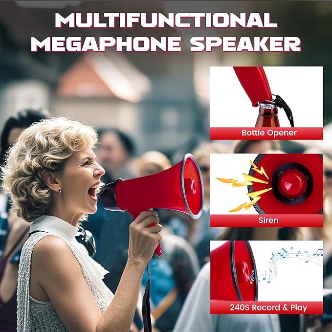 MyMealivos Portable Megaphone Bullhorn 20 Watt Power Megaphone Speaker Voice and Siren/Alarm Modes with Volume Control and Strap (Red)