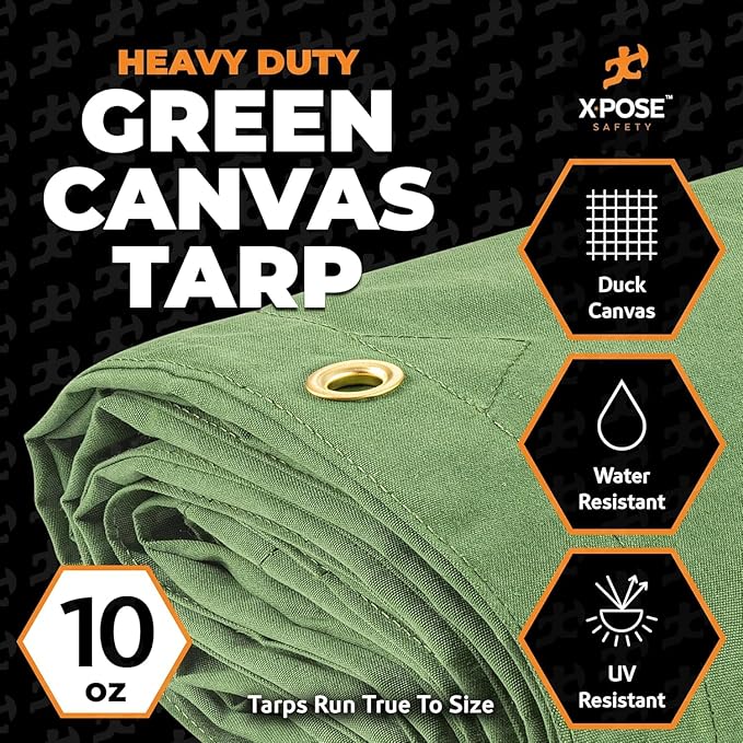 Xpose Safety Canvas Tarp - 10oz Green Canvas Tarps Heavy Duty Water Resistant with Brass Grommets- Multipurpose Outdoor Tarpaulin for Camping, Canopy, Trailer, Equipment Cover 8' x 12' (2 Pack)