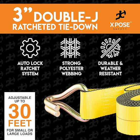 Ratchet Straps Heavy Duty 3" x 30' – 16,200 lbs Break Strength Tie Down Straps with Double J Hooks, Ratcheting Cargo Straps for Truck, Trailer, Kayak, Motorcycle & Moving – 4 Pack