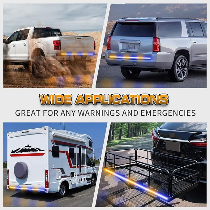XRIDONSEN 48 inch Truck Amber Blue Tailgate Strobe Lights Strip Rear Window Lights 288 LED Tail Emergency Light Bar Flashing Warning Hazard Safety for Plow Trucks Construction Vehicles Pickup Trailer