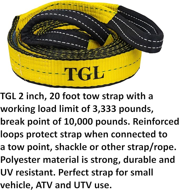 TGL 2 inch, 20 Foot ATV Tow Strap Heavy Duty with Reinforced Loops 10,000 Pound Capacity. Compatible with Polaris, Honda, Can-Am ATV, UTV Towing Strap, Tree Saver Strap.