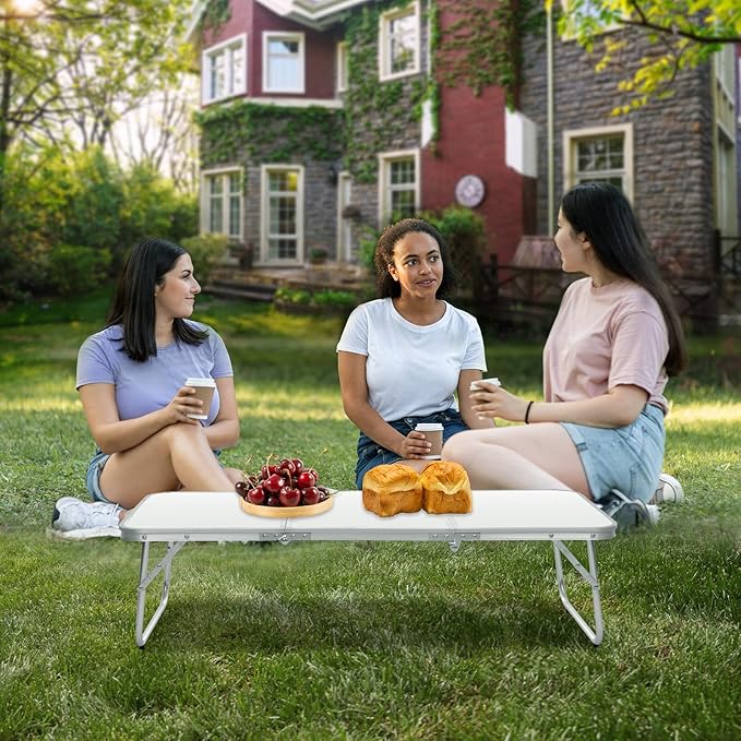 Small Camping Table 35.2 inch Folding Picnic Table Foldable Low Camp Table Portable Short Aluminum Outdoor Floor Short Beach BBQ White 35.2×15.7 inch