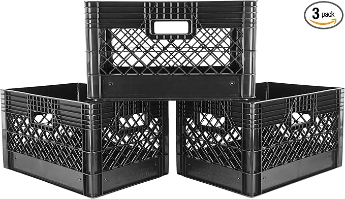 Hudson Exchange 19 x 13 x 11" (24 Quart, 3 Pack) Mesh Commercial Grade Milk Crate Handled Storage Container Tote, Black
